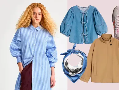 Damemodell med lang blåstripete skjortekjole, produktbilder jeanstopp, Adidas Samba sneakers, beige kort trenchjakke, blåmønstret halstørkle.