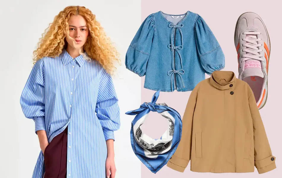 Damemodell med lang blåstripete skjortekjole, produktbilder jeanstopp, Adidas Samba sneakers, beige kort trenchjakke, blåmønstret halstørkle.