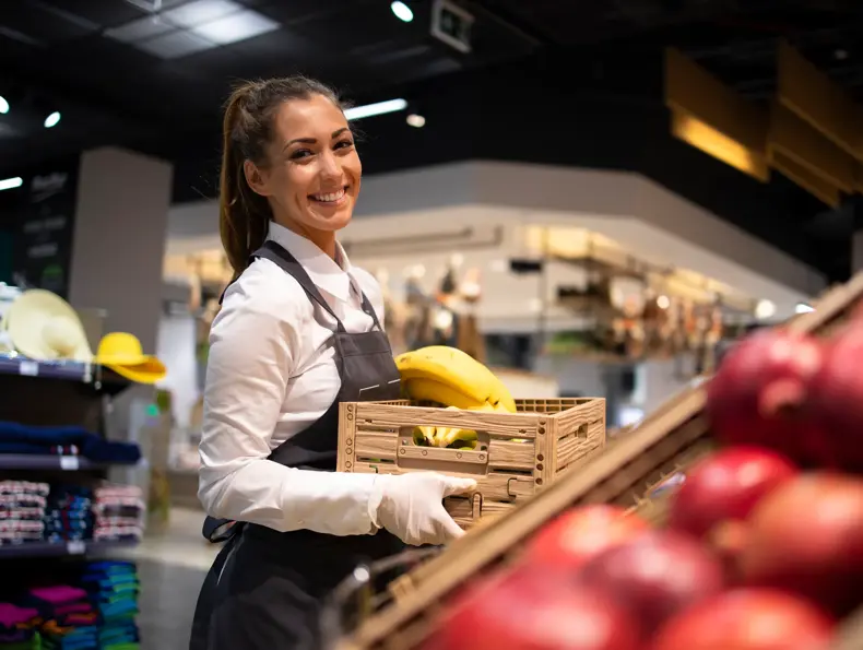 Working in grocery store. Supermarket worker supplying fruit department with food. Female worker holding crate with fruits.