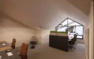 Illustrasjonen viser et kontorprosjekt på Thon Senter Sartor. På bildet ser man et åpent kontorlandskap med arbeidsstasjoner.