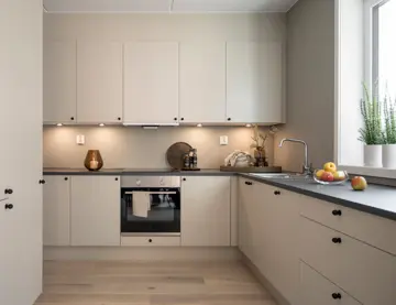 Oversiktsbilde av kjøkken i visningsleilighet på Skårerløkka PREMIUM