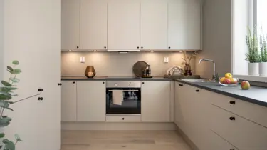 Oversiktsbilde av kjøkken i visningsleilighet på Skårerløkka PREMIUM
