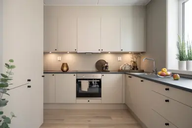 Oversiktsbilde av kjøkken i visningsleilighet på Skårerløkka PREMIUM
