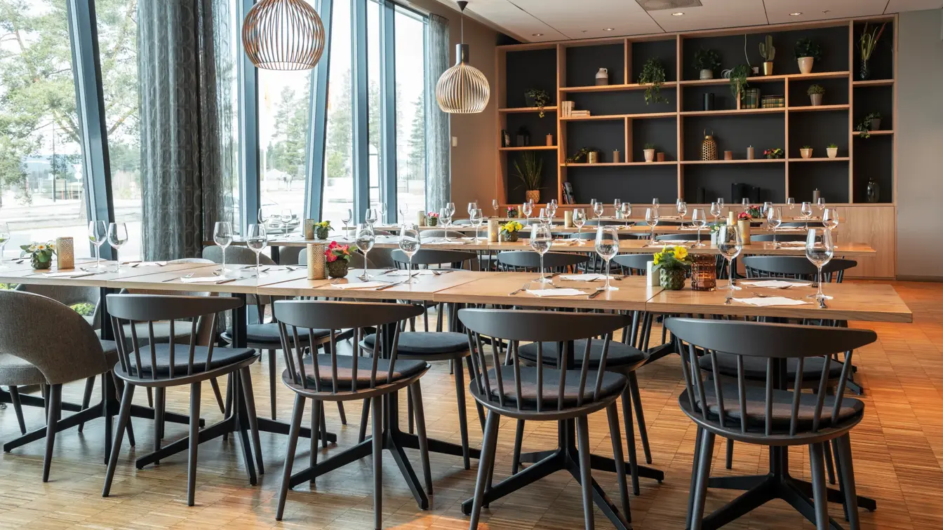 Langbord hos Restaurant Jaktlaget. Bordene er dekket med glass, servietter og bestikk, samt bordpynt. Restauranten får dagslys inn fra de store vindusflatene som går fra gulv til tak.
