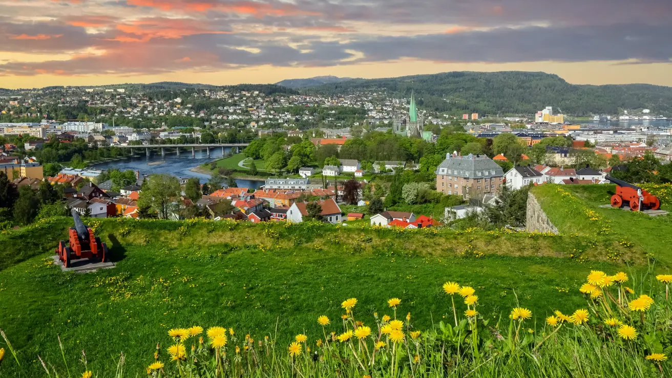 Spring in Trondheim, aerial view of the historical downtown during sunset