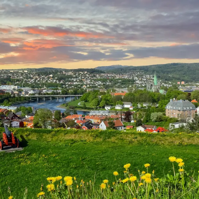 Spring in Trondheim, aerial view of the historical downtown during sunset