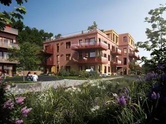 Illustrasjon av fasaden til Heggedal Hage på sommeren.