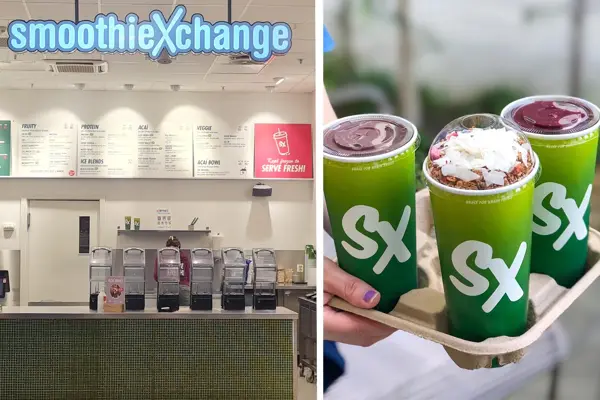 Butikkfronten til smoothiexchange og en som holder 3 smoothier