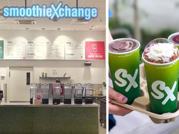 Butikkfronten til smoothiexchange og en som holder 3 smoothier