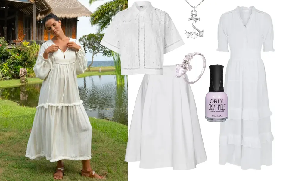 Dame med hvit lang kjole, hvit kort sjorte, hvitt langt skjørt, anker-kjede, sølvring, lilla neglelakk, hvit lang kjole.