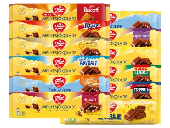 Utvalg av Freia sjokoladeplater i forskjellige smaker.