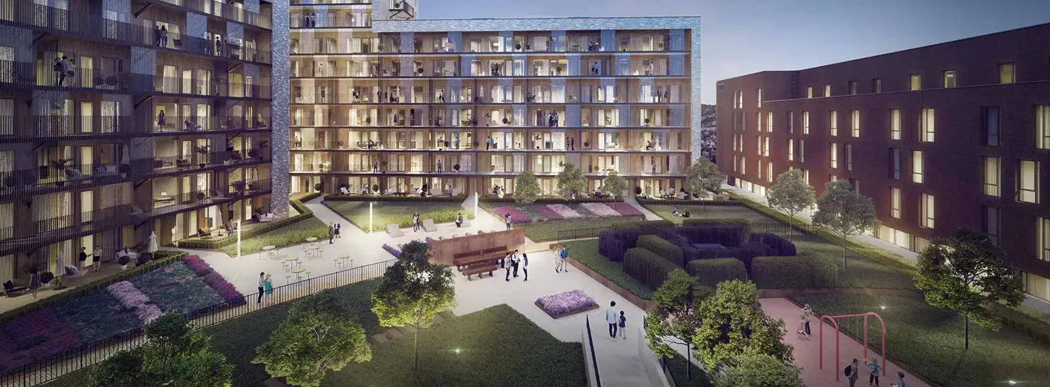 3D-illustrasjon av fasaden til Storotunet i kveldslys