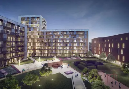 3D-illustrasjon av fasaden til Storotunet i kveldslys