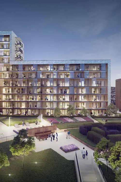 3D-illustrasjon av fasaden til Storotunet i kveldslys