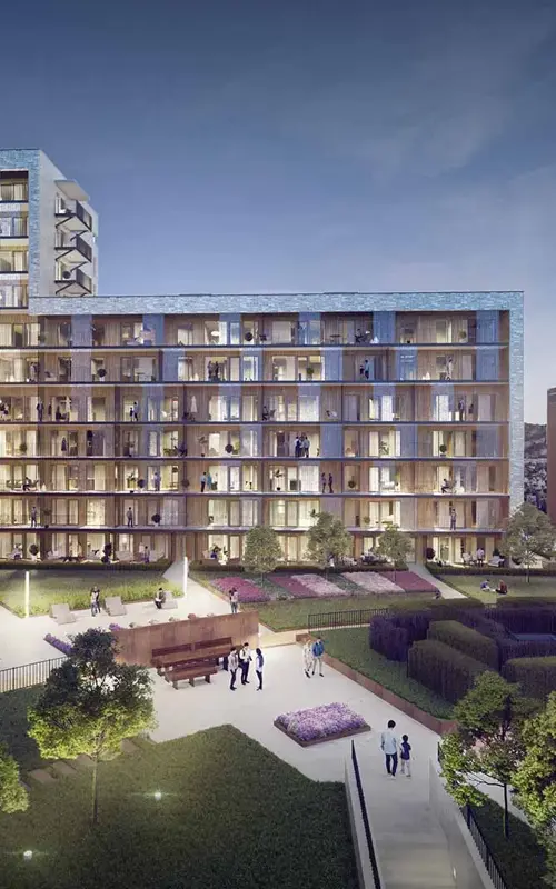 3D-illustrasjon av fasaden til Storotunet i kveldslys