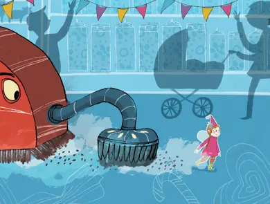 Illustrasjon av Rengjøringsmonsteret som går etter Amfelia