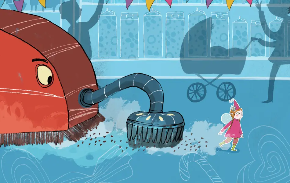 Illustrasjon av Rengjøringsmonsteret som går etter Amfelia