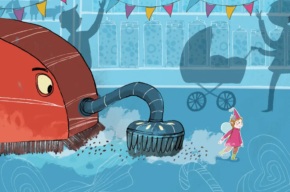 Illustrasjon av Rengjøringsmonsteret som går etter Amfelia