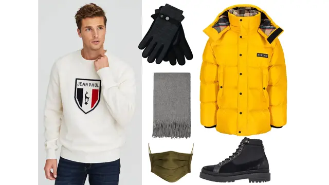 kollasj av mann med hvit collegegenser, og produkter: hansker, skjerf, munnbind, jakke, sko