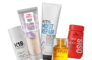 Utvalg av hårpleie- og stylingprodukter fra K18, Wella, KMS, Olaplex og Schwarzkopf.