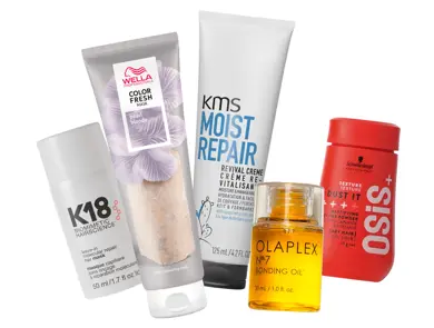 Utvalg av hårpleie- og stylingprodukter fra K18, Wella, KMS, Olaplex og Schwarzkopf.