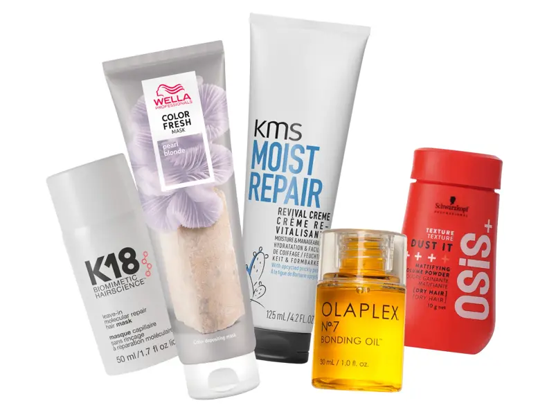 Utvalg av hårpleie- og stylingprodukter fra K18, Wella, KMS, Olaplex og Schwarzkopf.