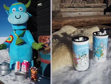 To bilder som viser Oskar-maskott som skal lage kakao utendørs