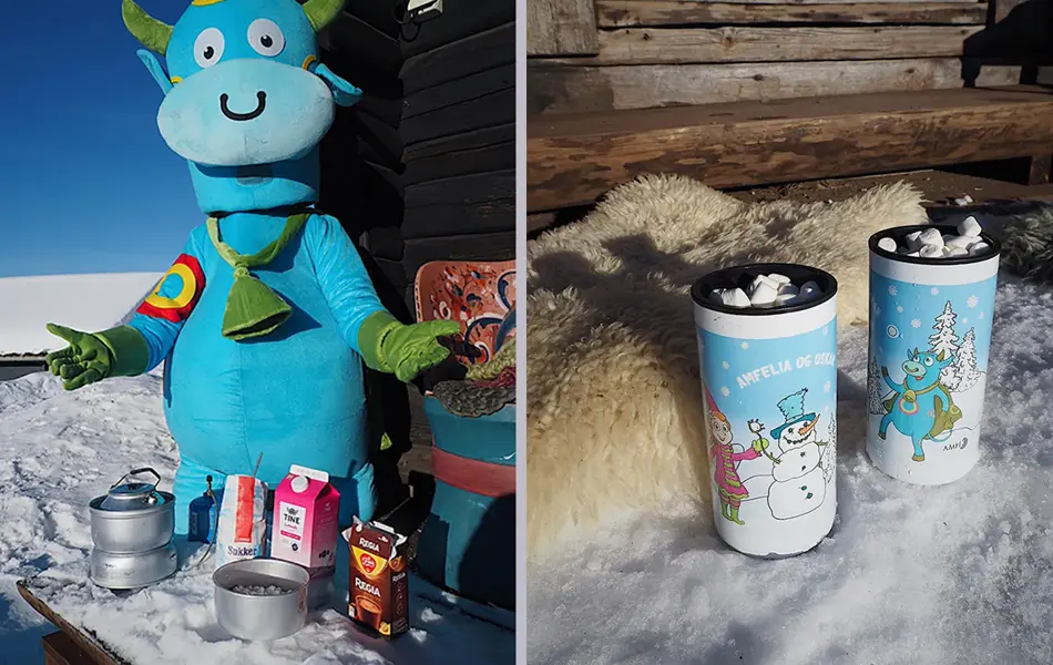 To bilder som viser Oskar-maskott som skal lage kakao utendørs