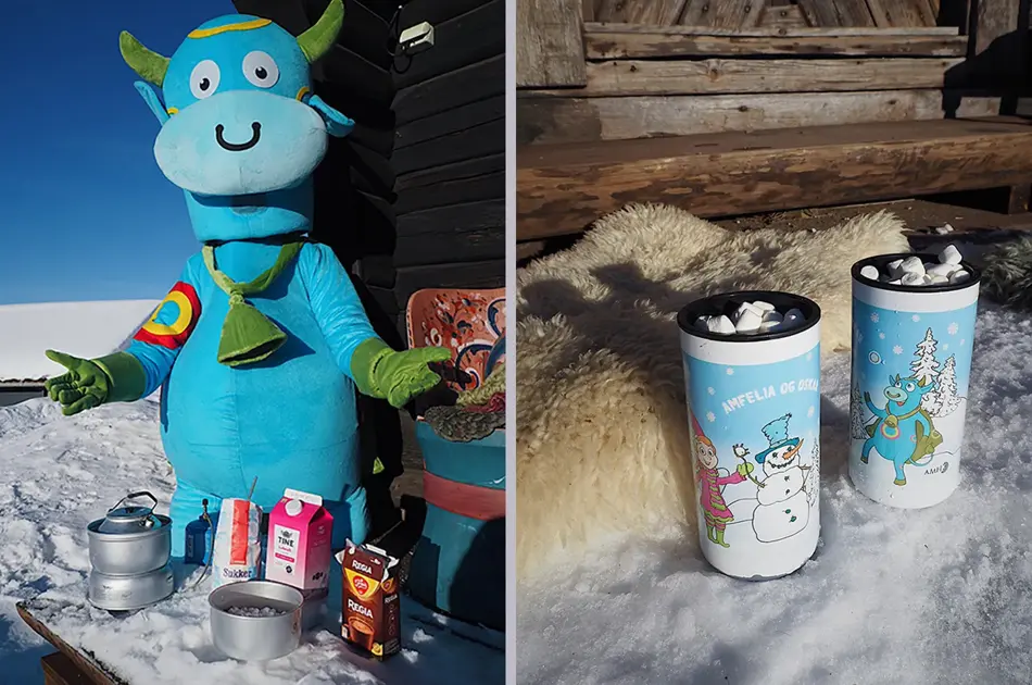 To bilder som viser Oskar-maskott som skal lage kakao utendørs