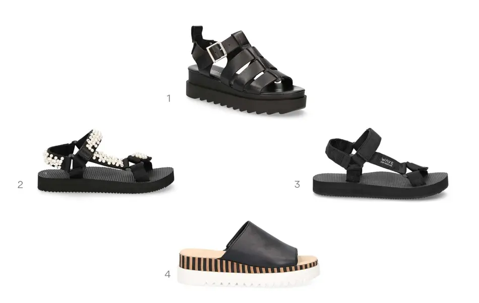 kollasj av produktbilder, 4 svarte sandaler