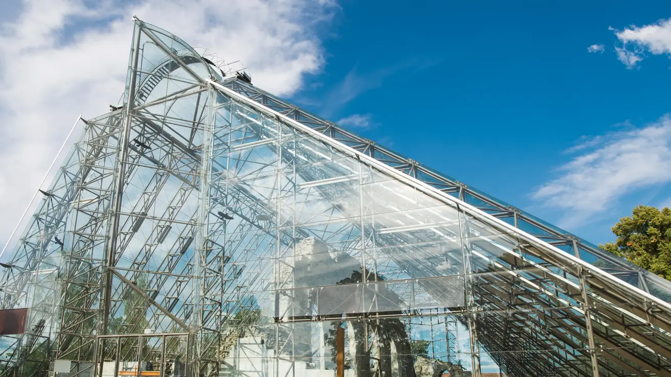 glass cathedral against blue cloudy sky, Hamar, Hedmark, Norway