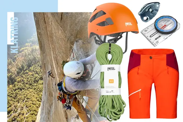 Collage, mann klatrer ute, klatrehjelm, klatretau, kompass og turshorts.