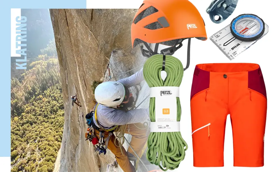 Collage, mann klatrer ute, klatrehjelm, klatretau, kompass og turshorts.