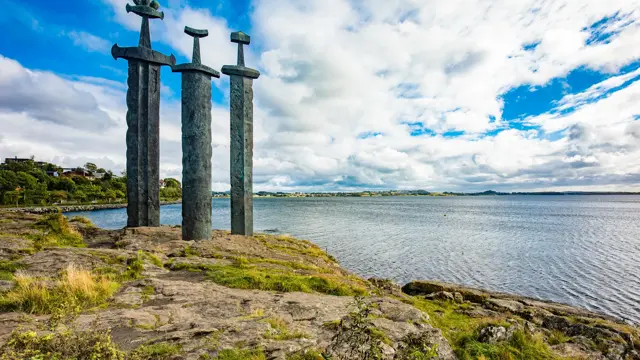 Mollebukta bay panorama with Swords in Rock monument commemorating Battle of Hafrsfjord Stavanger Rogaland Norway Scandinavia