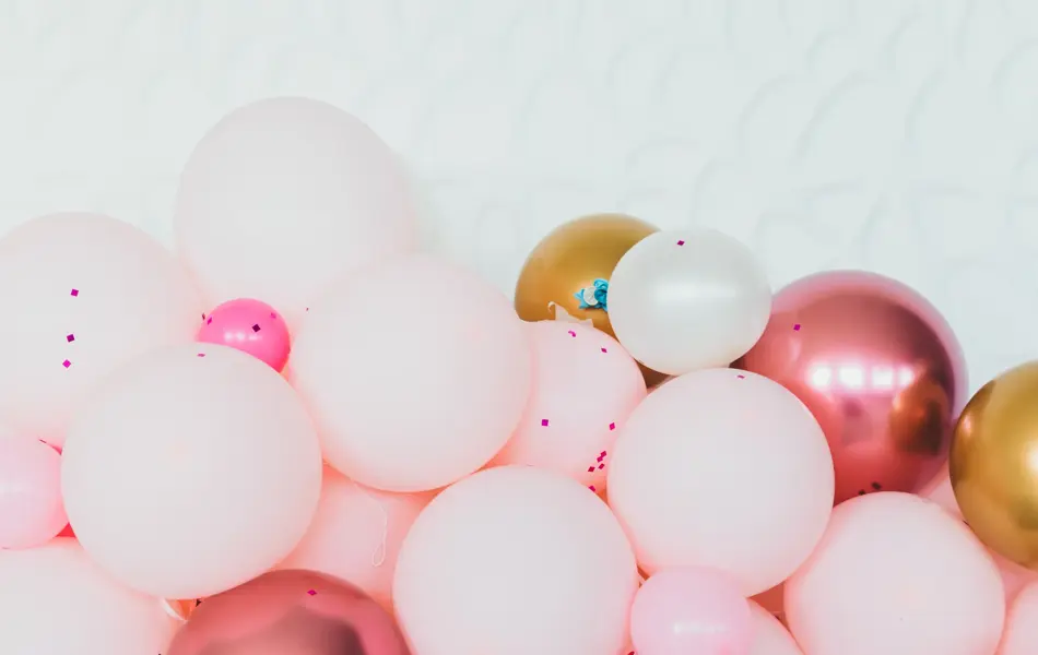 pink gold and beige balloons photo wall decoration for birthday or party