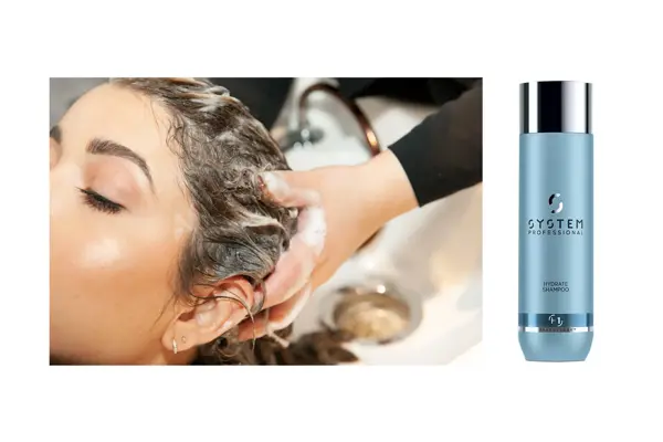 Dame som får håret vasket hos frisøren og produktbilde