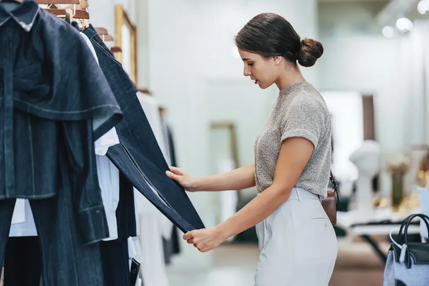 Ung kvinne står i klesbutikk og ser på klær