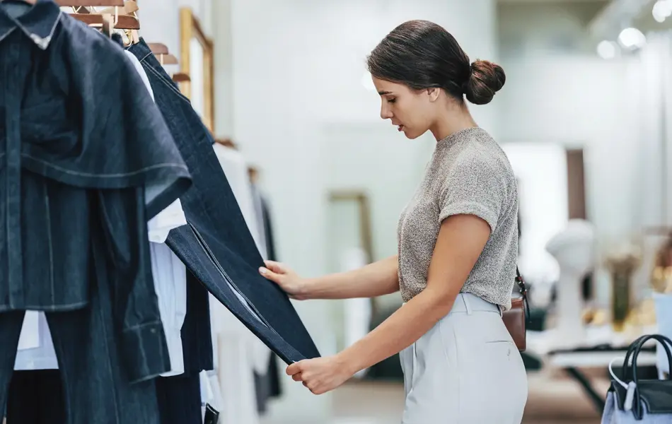 Ung kvinne står i klesbutikk og ser på klær