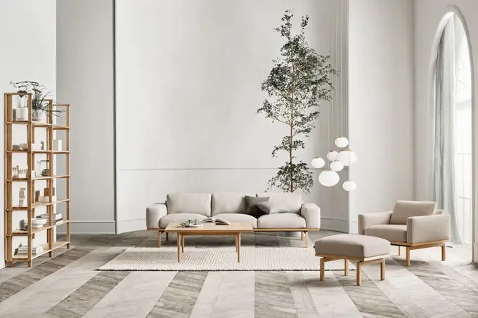 Sofagruppe og en hylle