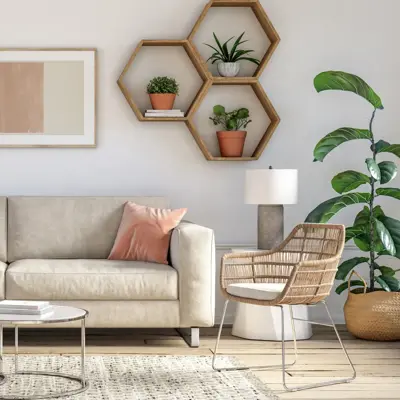 Bohemian living room interior 3d render with  beige colored furniture and wooden elements