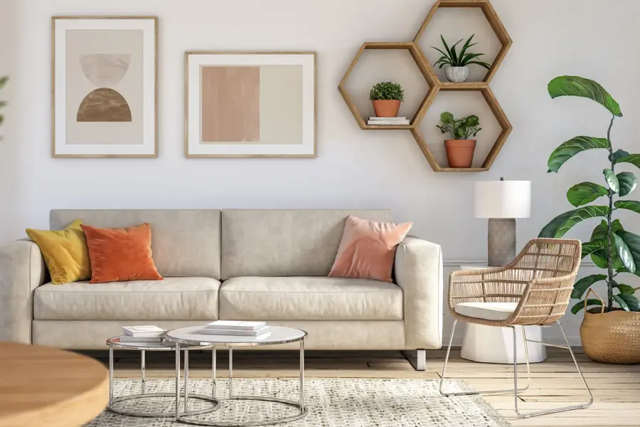 Bohemian living room interior 3d render with  beige colored furniture and wooden elements