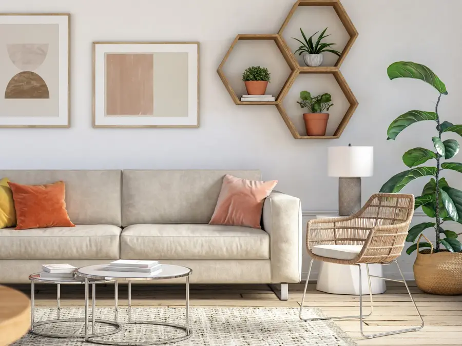 Bohemian living room interior 3d render with  beige colored furniture and wooden elements