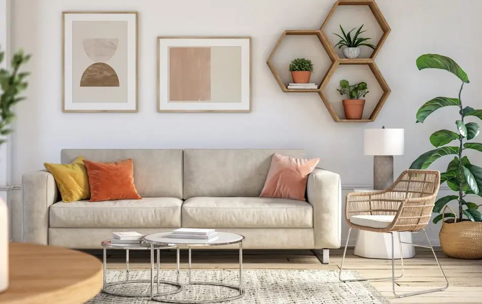 Bohemian living room interior 3d render with  beige colored furniture and wooden elements