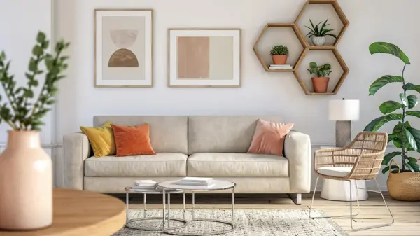 Bohemian living room interior 3d render with  beige colored furniture and wooden elements