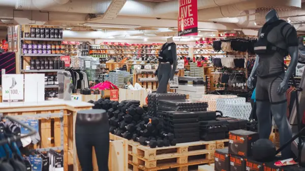 Butikk bilde av sport outlet med diverse produkter