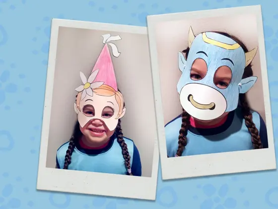 kollasj av 2 stk polaroidbilder av barn som prøver amfelia- og oskar-masker