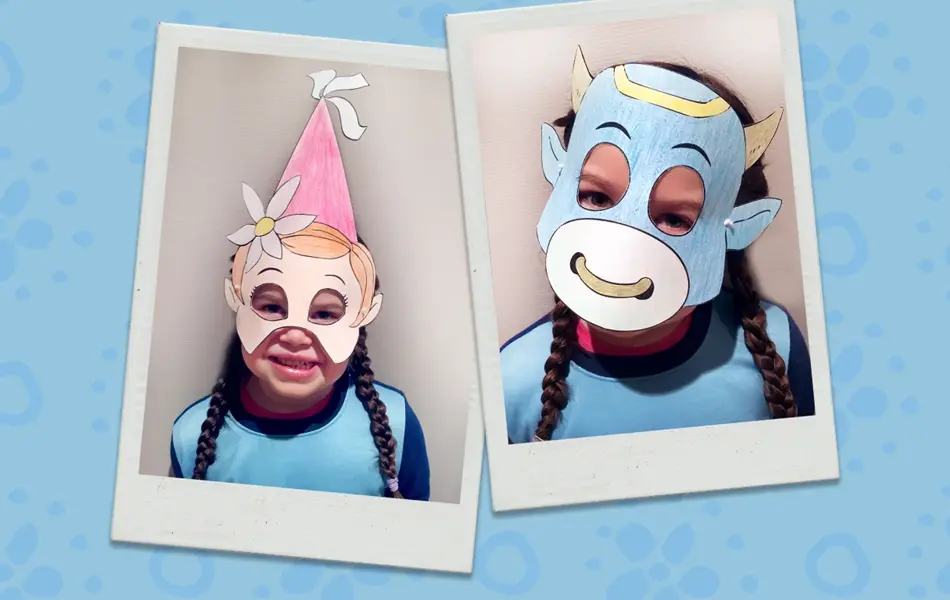 kollasj av 2 stk polaroidbilder av barn som prøver amfelia- og oskar-masker