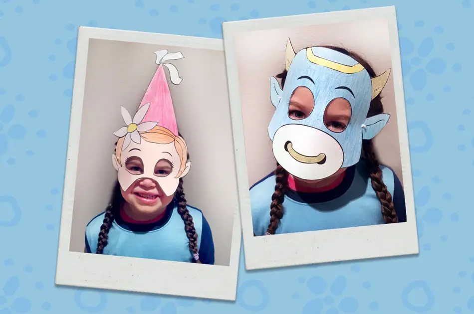 kollasj av 2 stk polaroidbilder av barn som prøver amfelia- og oskar-masker