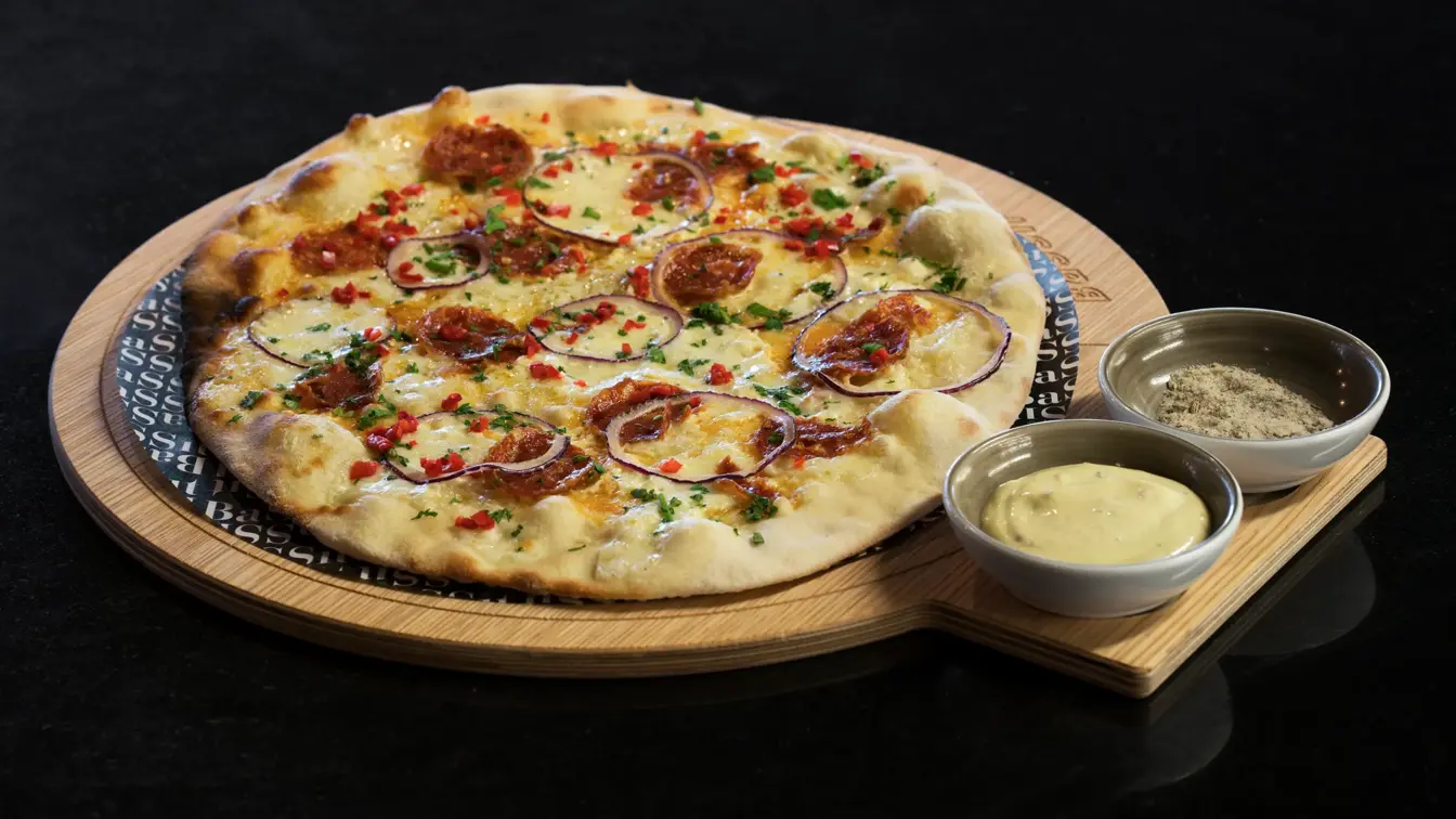 Nærbilde av pizza på Thon Hotel Oslo Airport