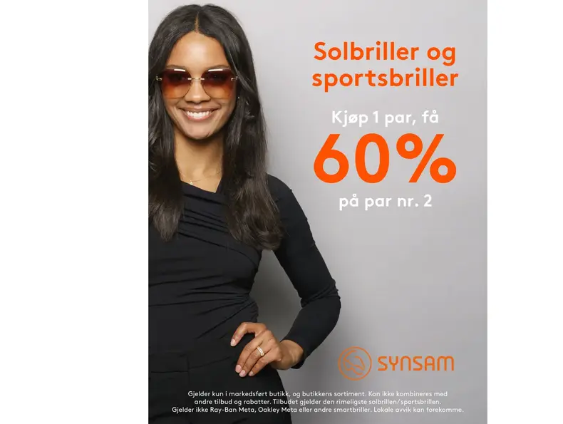 Bilde av dame med solbriler og tilbud på 60%